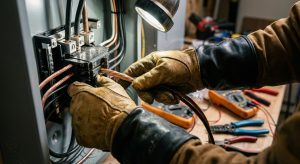 ידיים של חשמלאי מחבר חוטים בלוח חשמל לצורך התקנת עמדת טעינה