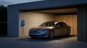 רכב חשמלי מודרני מחובר לעמדת טעינה ביתית בחניה פרטית בשעת ערב