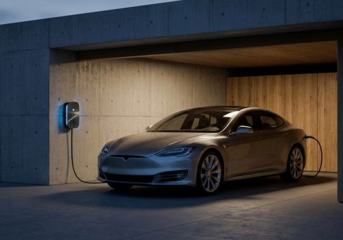 רכב חשמלי מודרני מחובר לעמדת טעינה ביתית בחניה פרטית בשעת ערב