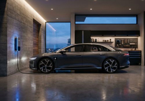 מדריך לבחירת עמדת טעינה ביתית. רכב חשמלי מחובר למטען בחניה מודרנית.