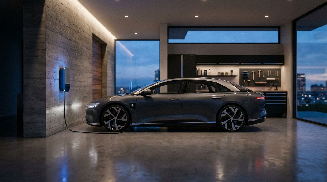 מדריך לבחירת עמדת טעינה ביתית. רכב חשמלי מחובר למטען בחניה מודרנית.