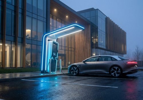 עמדת טעינה מהירה DC מותקנת בחניון של בניין משרדים, המדגימה פתרון טעינה מסחרי מתקדם.