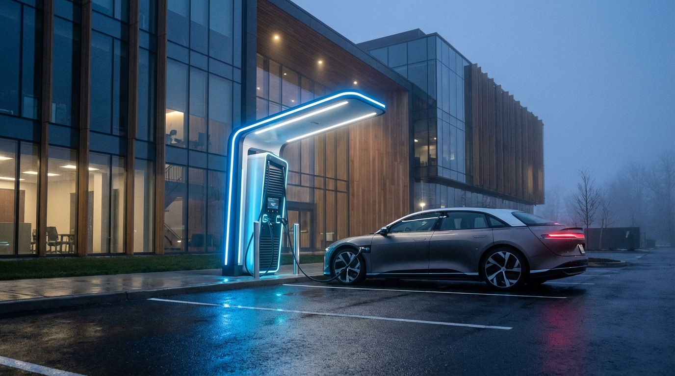 עמדת טעינה מהירה DC מותקנת בחניון של בניין משרדים, המדגימה פתרון טעינה מסחרי מתקדם.