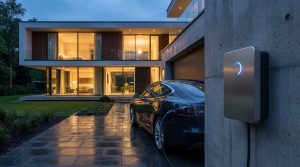 עמדת טעינה ביתית מודרנית מחוברת לרכב חשמלי בחניה פרטית בשעת ערב.