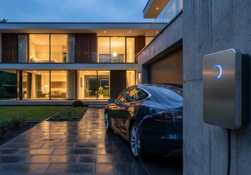 עמדת טעינה ביתית מודרנית מחוברת לרכב חשמלי בחניה פרטית בשעת ערב.