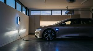 רכב חשמלי מחובר לעמדת טעינה ביתית מודרנית בחניה פרטית