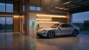 עמדת טעינה ביתית מותקנת על קיר בחניה, מחוברת לרכב חשמלי מודרני.