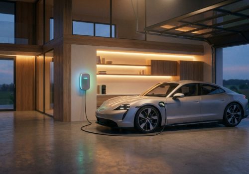 עמדת טעינה ביתית מותקנת על קיר בחניה, מחוברת לרכב חשמלי מודרני.