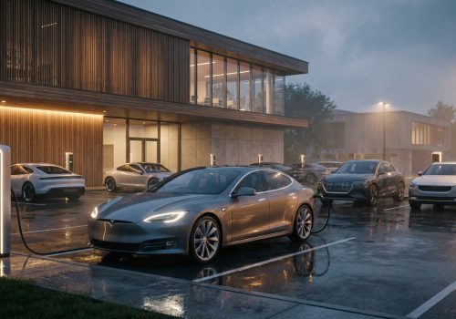 צי רכבים חשמליים של חברה חונים בעמדות טעינה מסודרות, הממחיש את אתגר ניהול ההוצאות.