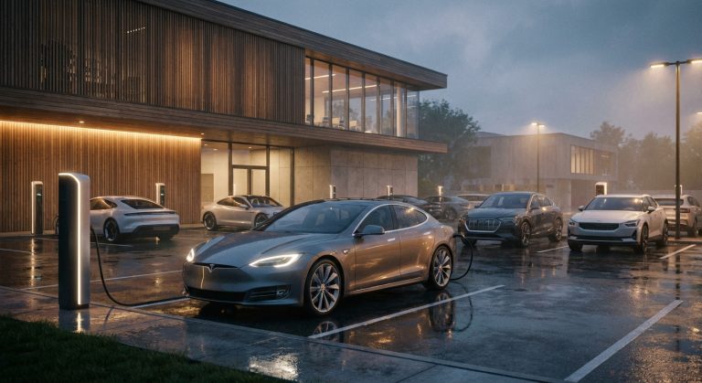 צי רכבים חשמליים של חברה חונים בעמדות טעינה מסודרות, הממחיש את אתגר ניהול ההוצאות.