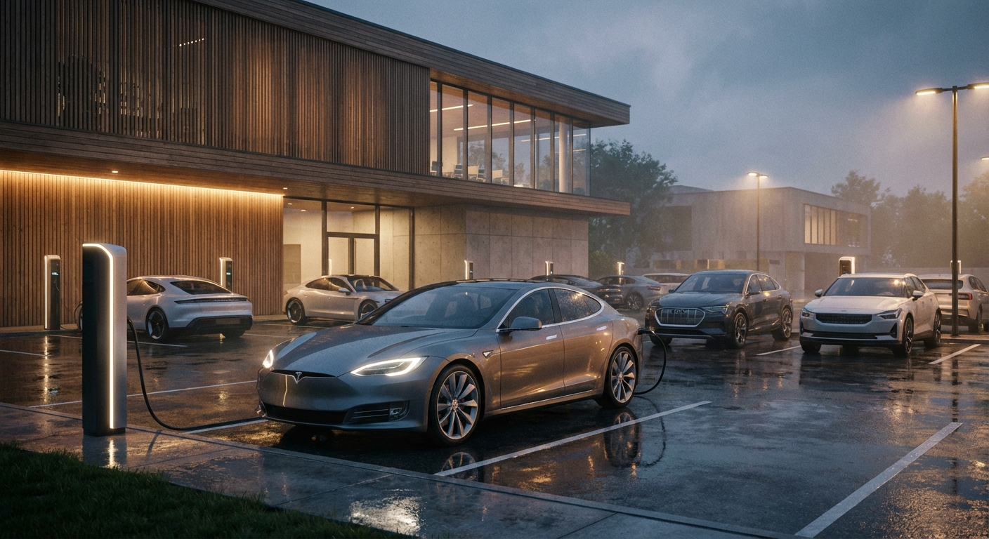 צי רכבים חשמליים של חברה חונים בעמדות טעינה מסודרות, הממחיש את אתגר ניהול ההוצאות.