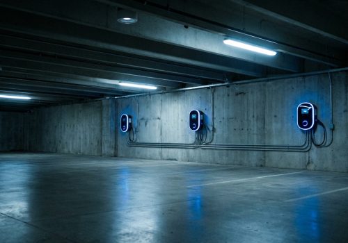 שלוש עמדות טעינה לרכב חשמלי מותקנות בחניון תת קרקעי, המדגימות את הצורך בניהול עומסים
