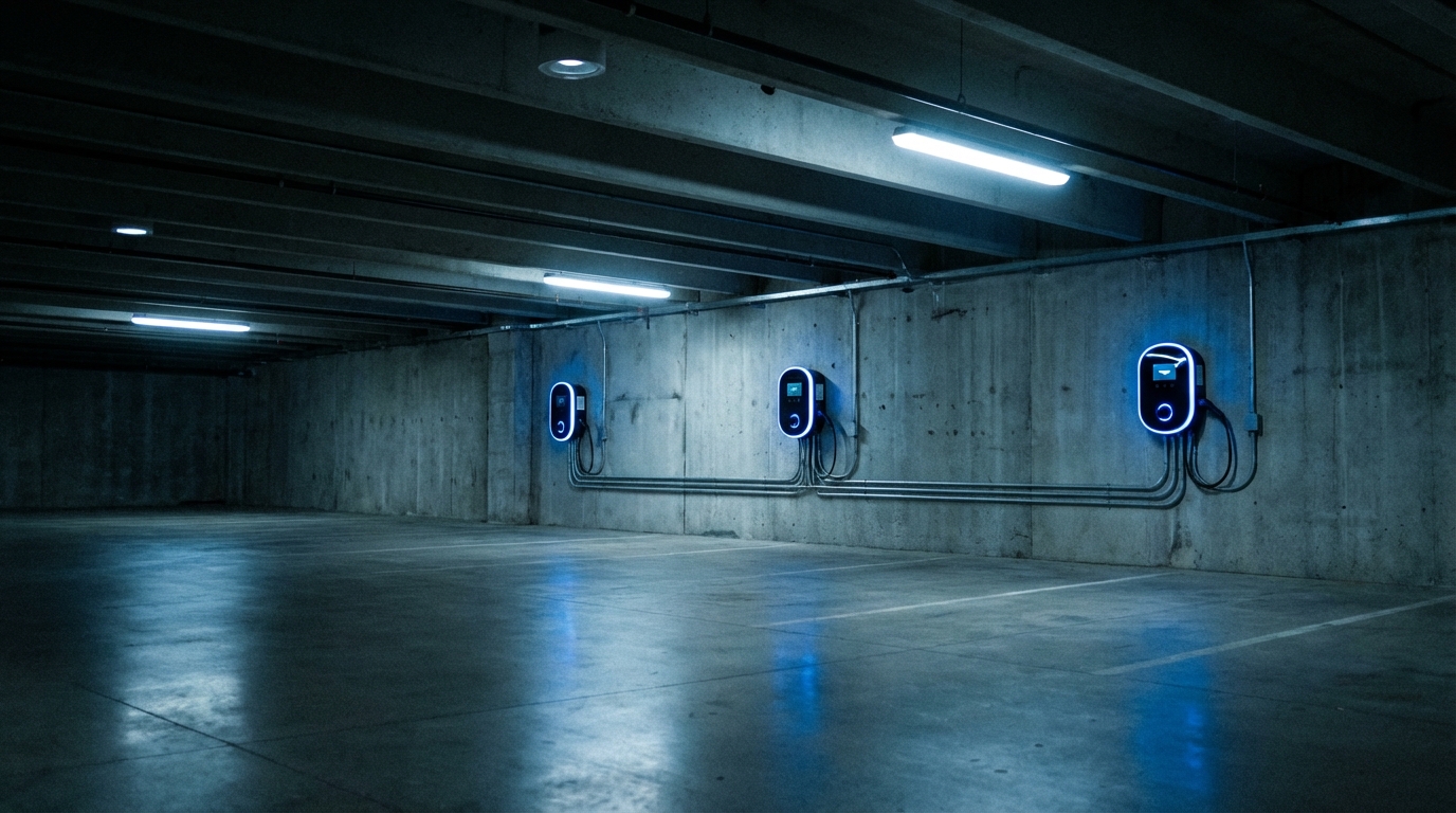 שלוש עמדות טעינה לרכב חשמלי מותקנות בחניון תת קרקעי, המדגימות את הצורך בניהול עומסים