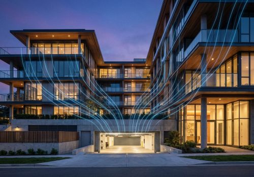 מערכת טעינה חכמה ומנוהלת בבניין מגורים יוקרתי עם קווי אנרגיה המדגימים ניהול עומסים.