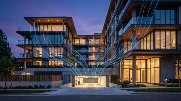 מערכת טעינה חכמה ומנוהלת בבניין מגורים יוקרתי עם קווי אנרגיה המדגימים ניהול עומסים.