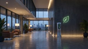 מערכת סליקה ובילינג חכמה ליד עמדת טעינה בבניין מודרני, המסמלת פתרון לוועדי בתים ועסקים.