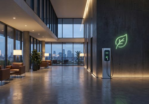 מערכת סליקה ובילינג חכמה ליד עמדת טעינה בבניין מודרני, המסמלת פתרון לוועדי בתים ועסקים.