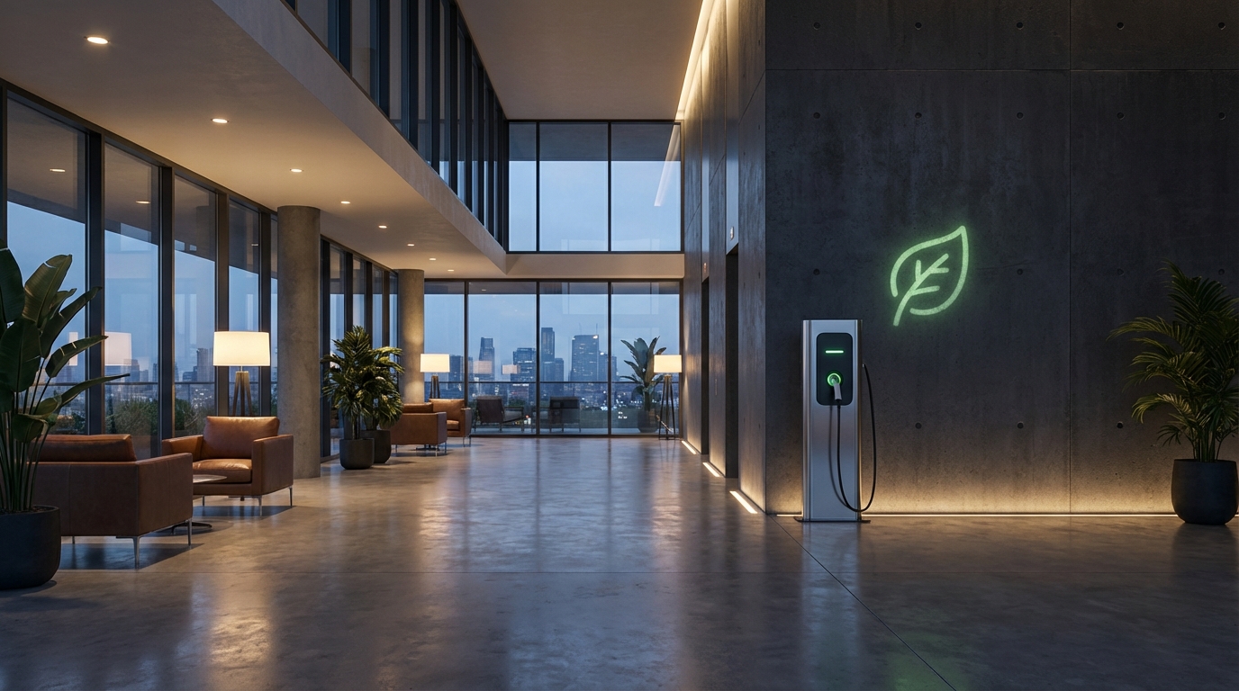 מערכת סליקה ובילינג חכמה ליד עמדת טעינה בבניין מודרני, המסמלת פתרון לוועדי בתים ועסקים.