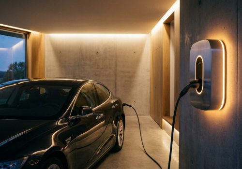 עמדת טעינה ביתית של DSG מותקנת בקיר של חניה פרטית ומטעינה רכב חשמלי מודרני.