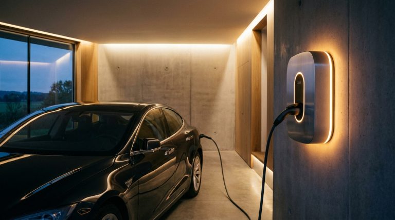 עמדת טעינה ביתית של DSG מותקנת בקיר של חניה פרטית ומטעינה רכב חשמלי מודרני.