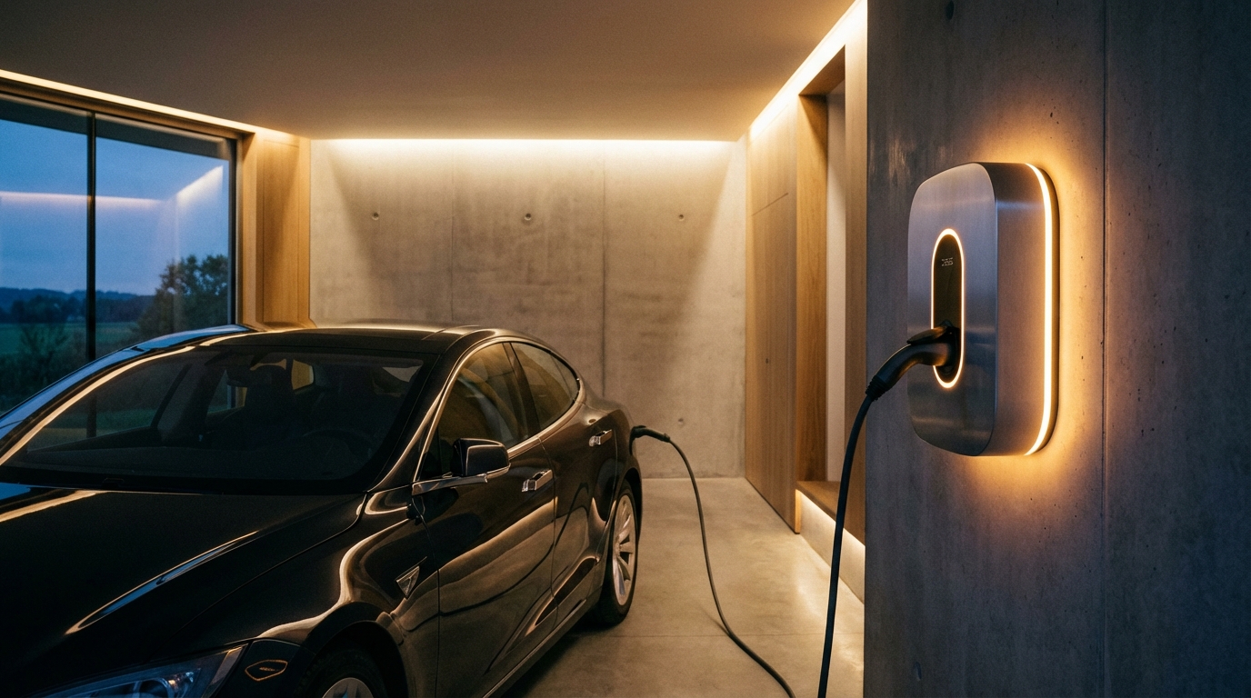 עמדת טעינה ביתית של DSG מותקנת בקיר של חניה פרטית ומטעינה רכב חשמלי מודרני.