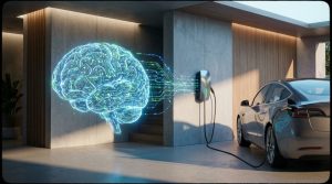 איור קונספטואלי של מוח עשוי מעגלים חשמליים המחובר לעמדת טעינה לרכב חשמלי, המייצג מערכת ניהול אנרגיה חכמה.