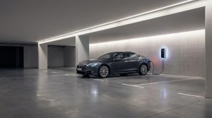 עמדת טעינה לרכב חשמלי מותקנת כחוק בחניון תת-קרקעי של בניין משותף.