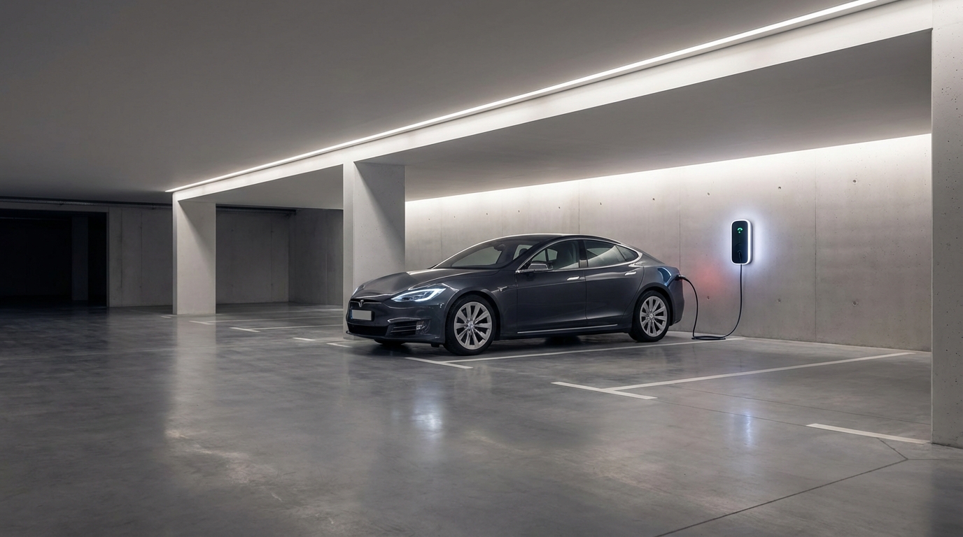 עמדת טעינה לרכב חשמלי מותקנת כחוק בחניון תת-קרקעי של בניין משותף.