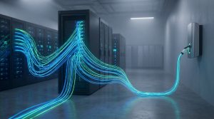 איור מופשט המציג חיבור נתונים בין שרתים לעמדת טעינה לרכב חשמלי, המייצג את פרוטוקול OCPP.