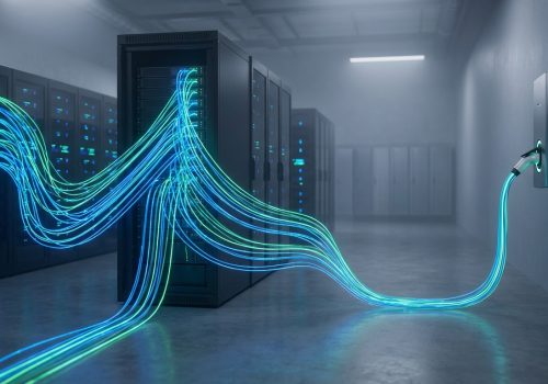 איור מופשט המציג חיבור נתונים בין שרתים לעמדת טעינה לרכב חשמלי, המייצג את פרוטוקול OCPP.