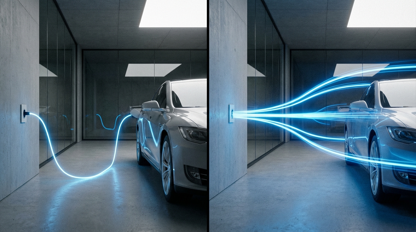 השוואה ויזואלית בין זרימת אנרגיה איטית של טעינה חד-פאזית לזרימה מהירה של טעינה תלת-פאזית לרכב חשמלי