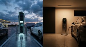 קולאז' המציג רכב חשמלי נטען בעמדה ביתית שקטה לעומת עמדה ציבורית מהירה