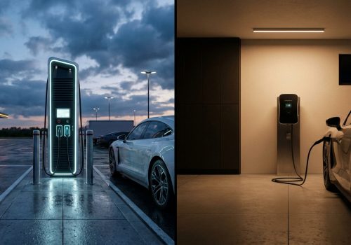 קולאז' המציג רכב חשמלי נטען בעמדה ביתית שקטה לעומת עמדה ציבורית מהירה