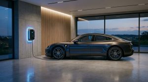 עמדת טעינה מתקדמת של DSG מותקנת בחניה פרטית ומחוברת לרכב חשמלי