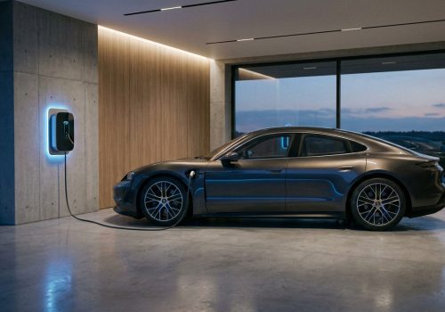 עמדת טעינה מתקדמת של DSG מותקנת בחניה פרטית ומחוברת לרכב חשמלי