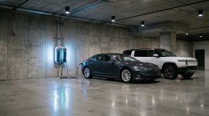 עמדת טעינה כפולה מבית DSG פתרונות טעינה מותקנת בחניון, טוענת שני רכבים חשמליים בו זמנית.