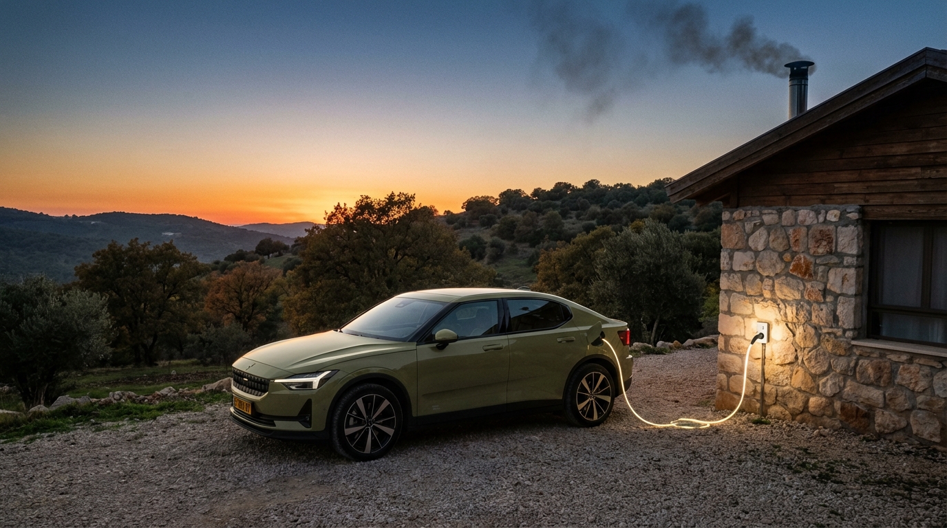 רכב חשמלי נטען באמצעות מטען נייד (כבל סבתא) ליד צימר בצפון, המדגים את החופש והגמישות בטעינה.