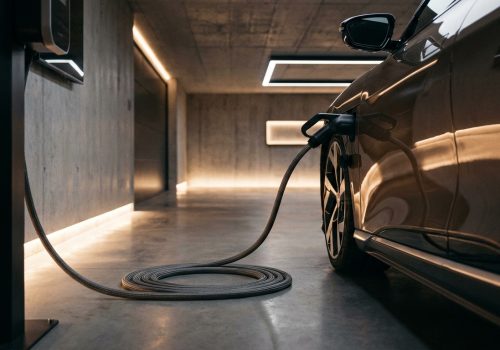 כבל טעינה Type 2 מחובר לרכב חשמלי יוקרתי בחניה מודרנית