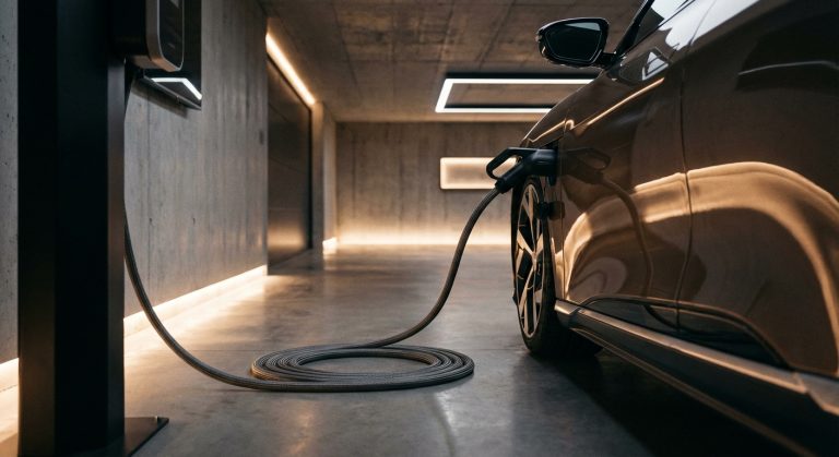 כבל טעינה Type 2 מחובר לרכב חשמלי יוקרתי בחניה מודרנית